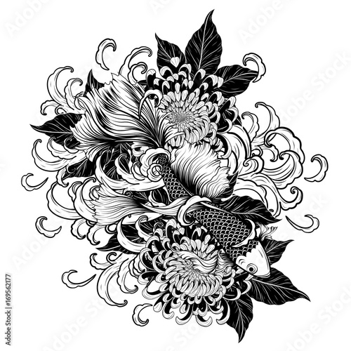 Koi fish and chrysanthemum tattoo by hand drawing.Tattoo art highly detailed in line art style.