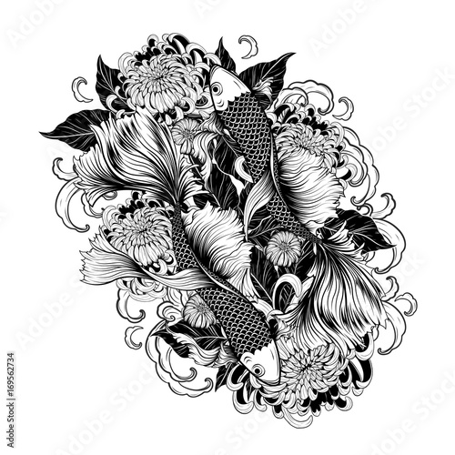 Koi fish and chrysanthemum tattoo by hand drawing.Tattoo art highly detailed in line art style.