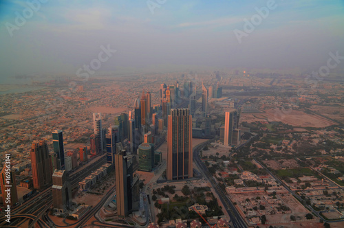 Panorama sunset view to Dubai skyscrapers in UAE