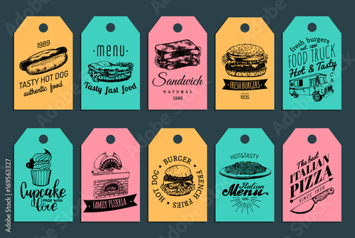 Fototapeta Naklejka Na Ścianę i Meble -  Vector fast food tags. Burgers, hot dogs, sandwich etc. illustrations. Vintage hand drawn quick meals labels collection.