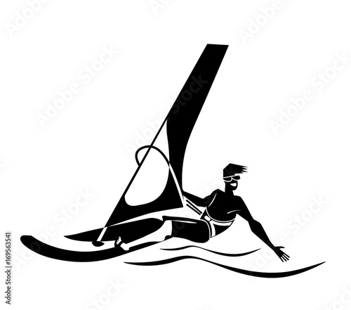 Summer water beach sports, activities. Board with a sail, wetsuit.  Man standing on the board learning to windsurf. Windsurfer training on the water. Extreme sport or windsurfing. Logo style