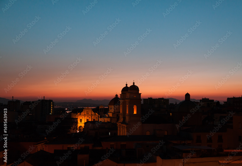 Baroque architecture of the church of St Anne at sunset in the capital of Sardinia