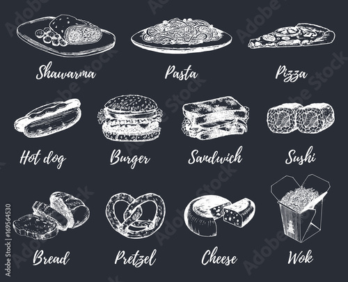Fast food sketches vector set. Hand drawn international cuisine icons for snack bar menu, street cafe chalkboard etc.