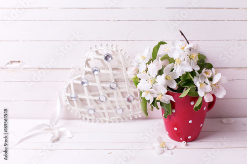 Tender apple tree flowers in red pitcher and decorative heart on white wooden background. © daffodilred