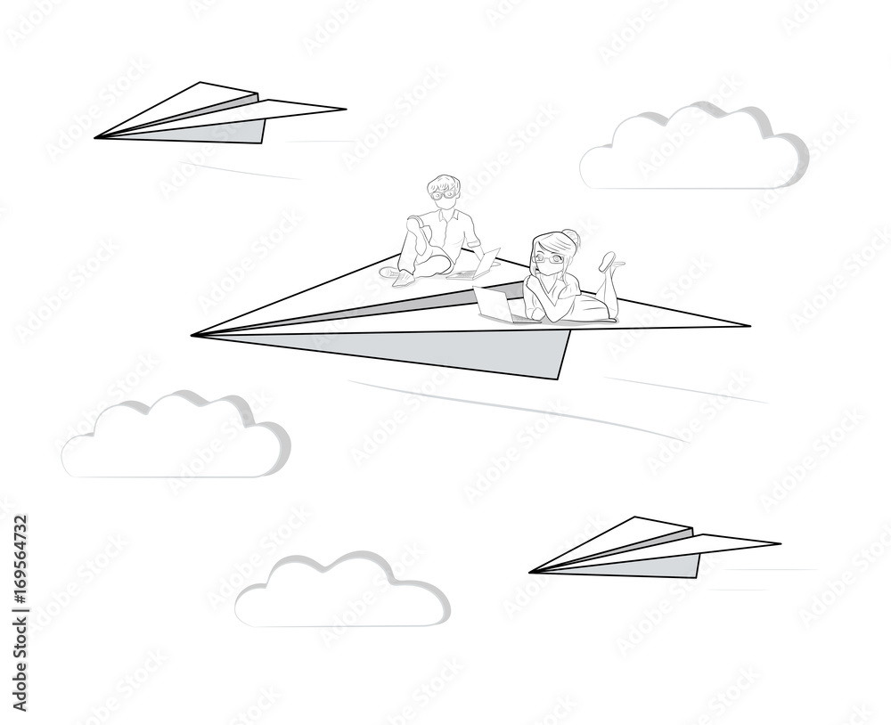 Sketch of flying paper plane with little workers. Young people with laptops. Hand drawn cartoon vector illustration for business and education design.