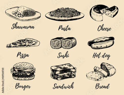 Fast food sketches vector set. Hand drawn international cuisine icons for snack bar menu, street cafe chalkboard etc.