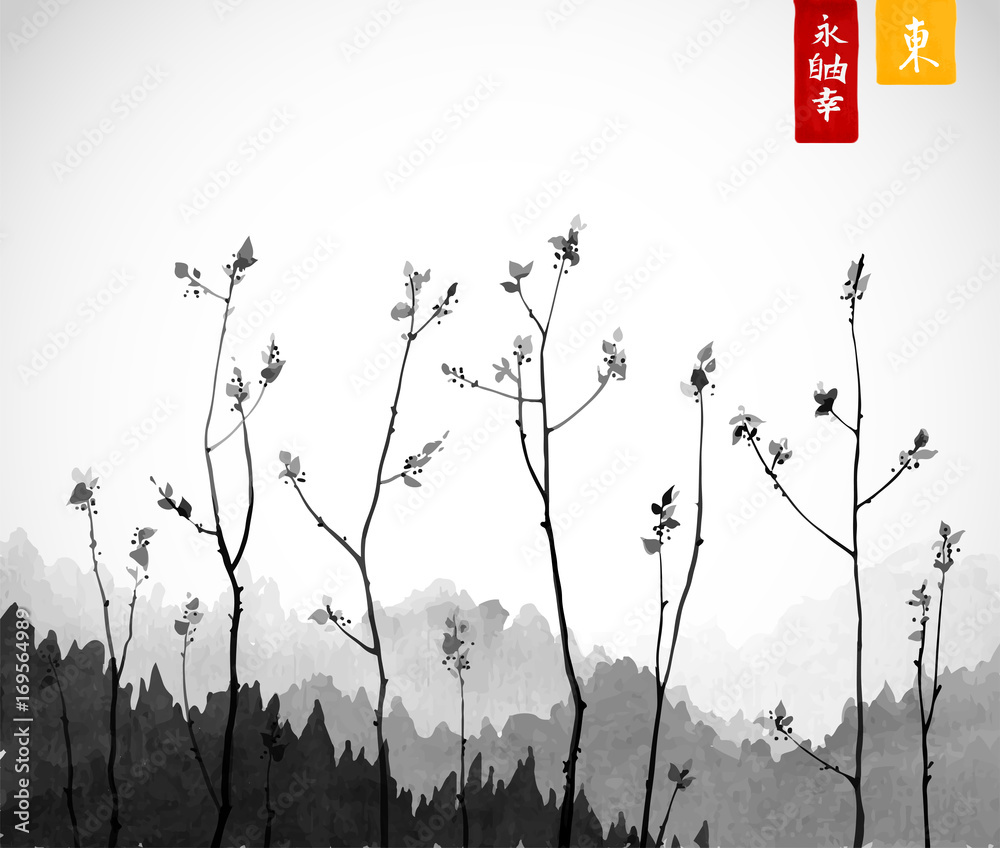Fototapeta Young tree branches and mountains in fog. Traditional oriental ink painting sumi-e, u-sin, go-hua. Contains hieroglyphs - eternity, freedom, happiness, east