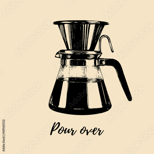Vector Pour Over coffeemaker illustration. Hand sketched dripper and pot for alternative brewing method.