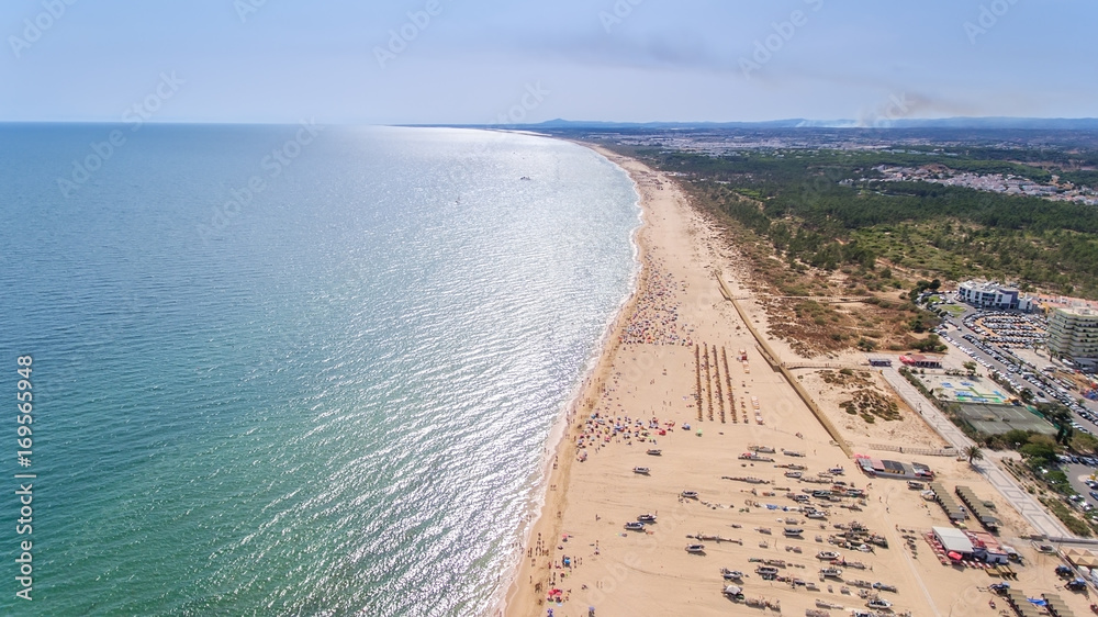 Aerial. The coastal spit of the Algarve, the beaches Monte Gordo and Altura.