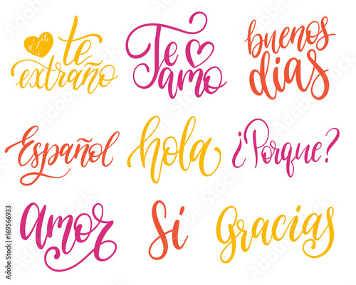 Vector calligraphic set of spanish translation of Thank You, Good Day etc. Common words hand lettering collection. photo