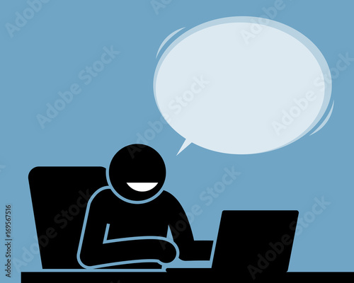 Man is feeling satisfied using his laptop. He is feeling happy and smiling at the computer screen while saying something with the bubble speech. 