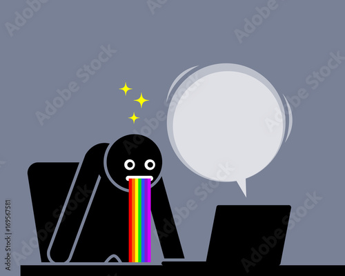 Man is amazed and puking out rainbow saliva by the content he sees from his computer screen. He is impressed, startled, and astonished by the news, information, and things showing on the Internet.