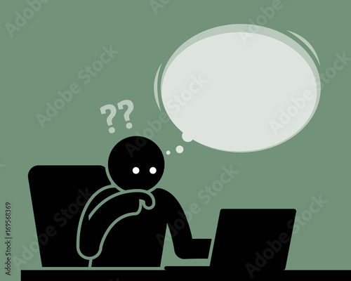 Man thinking and feeling confused viewing computer screen. His hand and finger touches his chin trying to understand the content from the Internet.