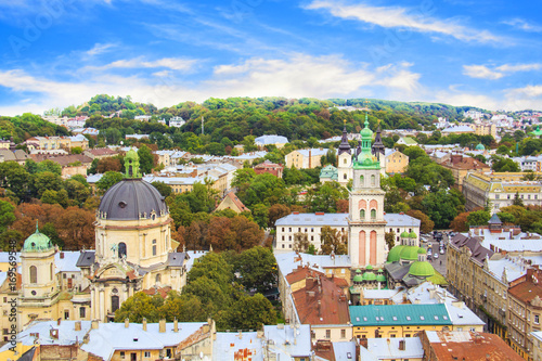 Beautiful view of the Dominican Cathedral, the Assumption Church and the historic center of Lviv, Ukraine, on a sunny day
