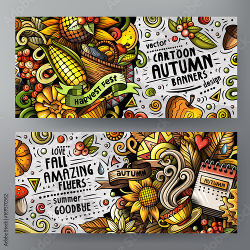 Cartoon cute vector doodles Autumn 2 horizontal banners