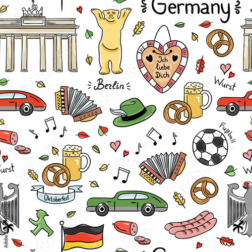 Germany symbols vector seamless pattern. Background with cute hand drawn Germany elements