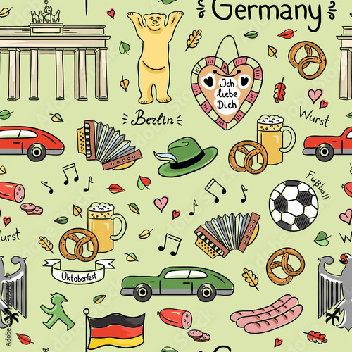 Germany symbols vector seamless pattern. Color background with cute hand drawn Germany elements