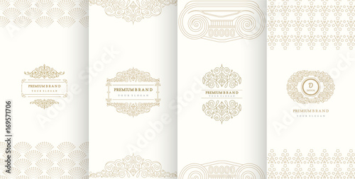 Collection of design elements,labels,icon,frames, for packaging,design of luxury products.Made with golden foil.Isolated on retro background. vector illustration