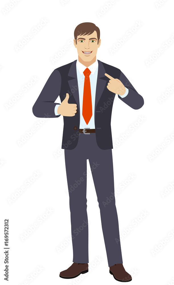 Self promotion. Businessman pointing the finger at himself and showing thumb up Self promotion. Businessman pointing the finger at himself and showing thumb up