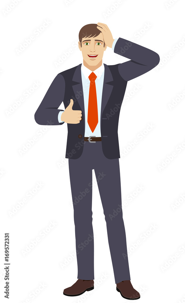 Businessman showing thumb up and grabbed his head