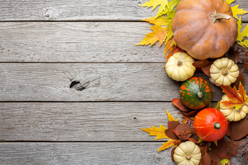 Autumn background with yellow leaves and pumpkins