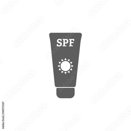 Sun Care. Sun Protection. Sunscreen tube flat icon white color with long shadow. Flat design style. Vector illustration. EPS10.