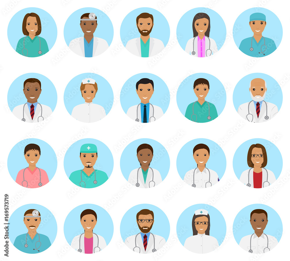 Doctors and nurses characters avatars set. Medical people icons of faces on a blue background. Doctors and nurses characters avatars set. Medical people icons of faces on a blue background.