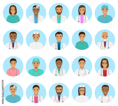 Doctors and nurses characters avatars set. Medical people icons of faces on a blue background.