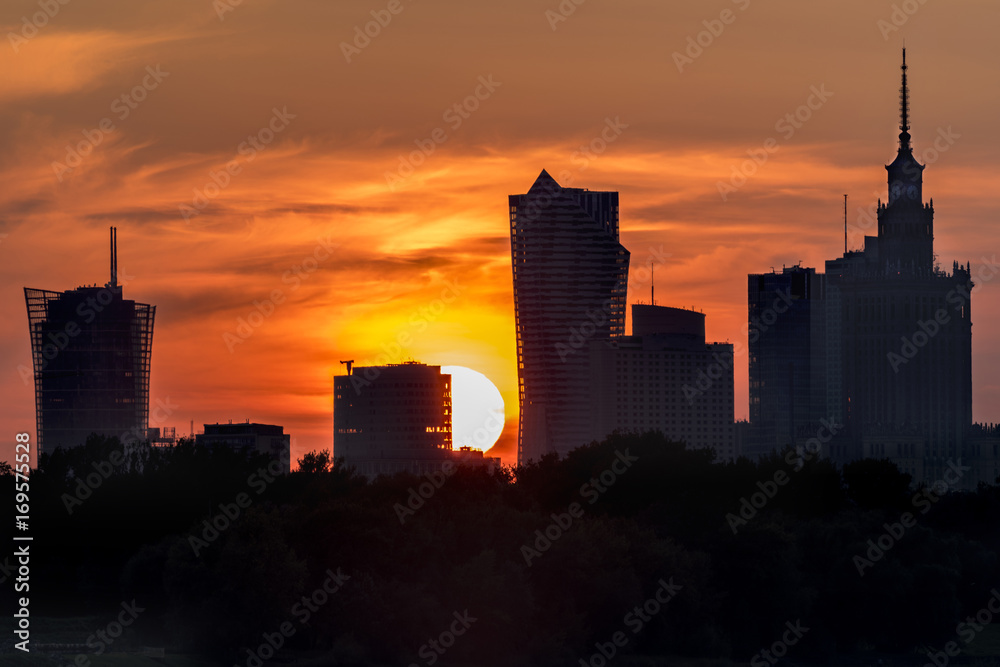 Burning sky during sunset over Warsaw