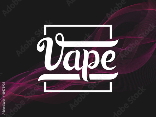 Vape lettering label. Purple smoke background. Hand drawn logo for a vape shop
