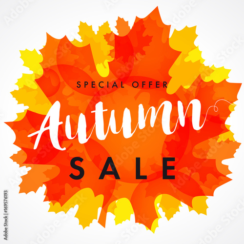 Autumn sale red maple leaf card. Vector illustration with colorful autumn leaves. Fall sale design, can be used for flyers, banners or posters