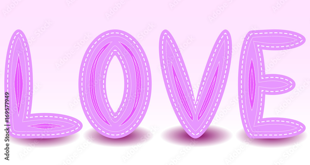 The word Love in patchwork style. Four letters with shadows, drawn in sewing style, patches, seam