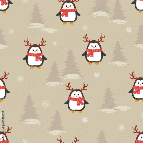 Cute cartoon penguins with deer horns seamless pattern. Vector winter Christmas background.