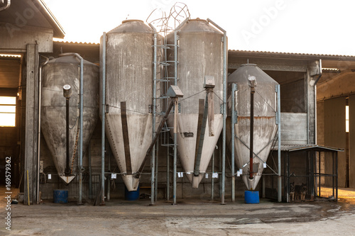 Insieme di silos agricoli per granaglie in una cascina photo