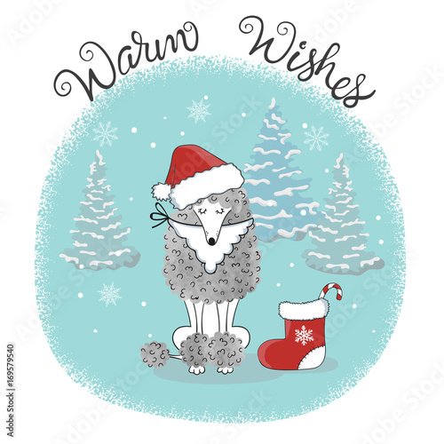 Christmas card template with cute poodle dog in Santa hat. Vector holiday illustration.