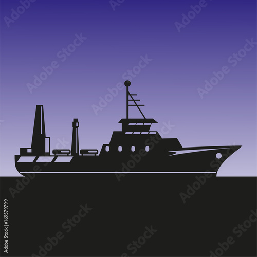 Silhouette of a sea ship against the background of the evening sky. Vector illustration.