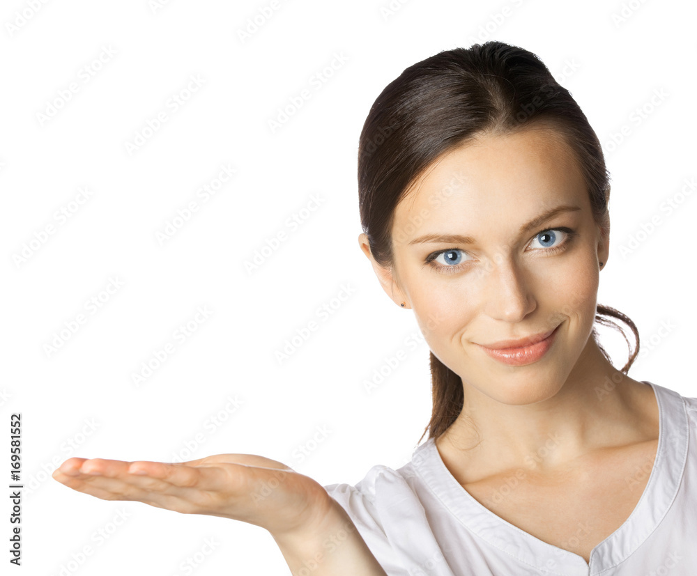Business woman showing, isolated Business woman showing, isolated