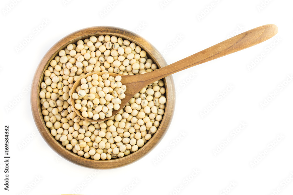 Soybeans in wooden bowl isolated on white background ,top view Soybeans in wooden bowl isolated on white background ,top view
