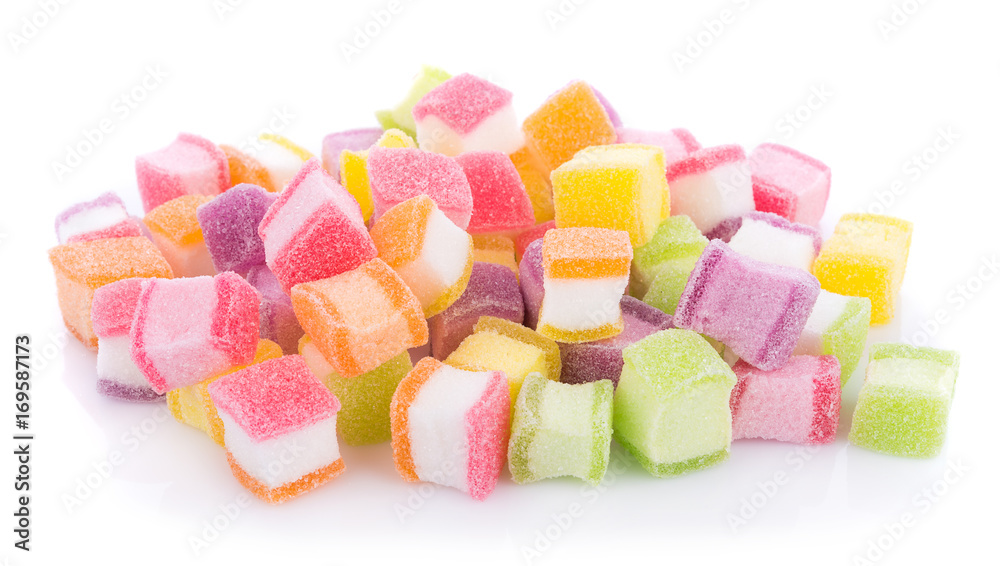 closeup colorful candy and jelly sweet on white closeup colorful candy and jelly sweet on white