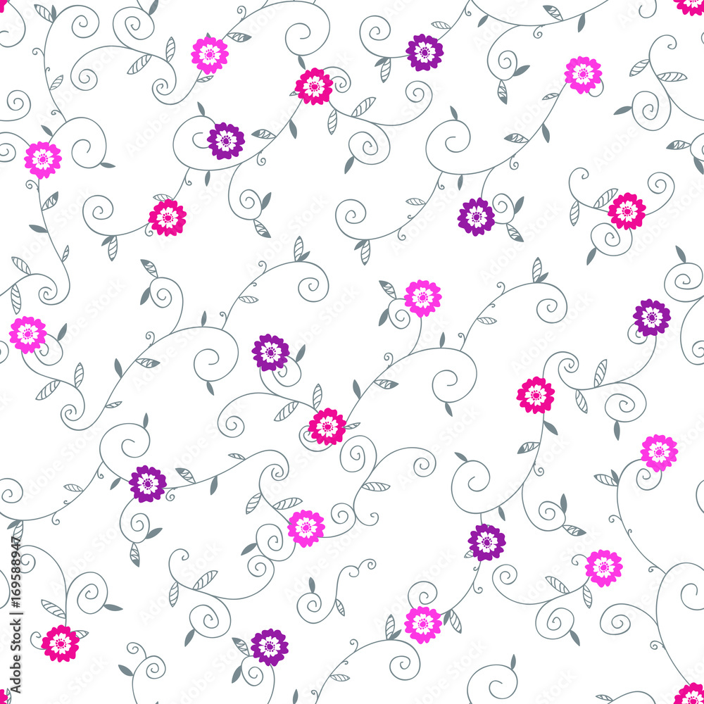 Abstract vector seamless pattern of gray twisted tendrils with leaves and pink flowers