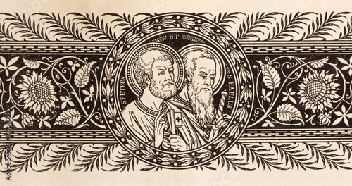 BRATISLAVA, SLOVAKIA, NOVEMBER - 21, 2016: The lithography of St. Peter and Paul in Missale Romanum by unknown artist with initials F.M.S (19. cent.) and printed by Typis Friderici Pustet. photo