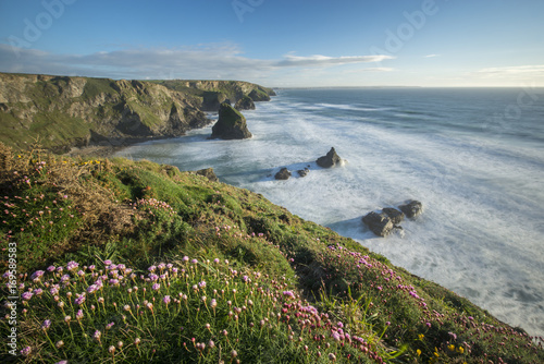 A view from the clifftops at Bedruthan Steps in Cornwall.