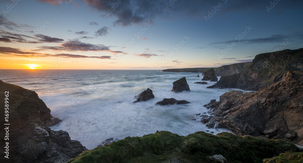 A view from the clifftops at Bedruthan Steps in Cornwall.