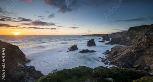 A view from the clifftops at Bedruthan Steps in Cornwall.