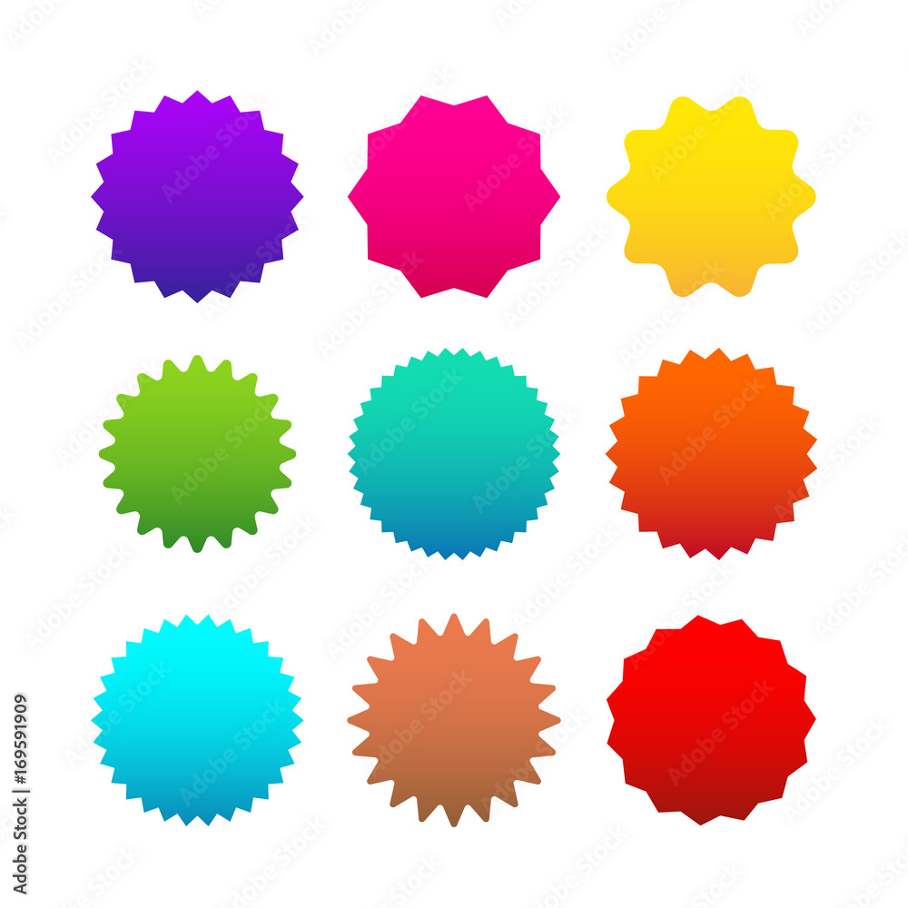 Different starburst, sunburst badges, shapes in 9 color. Vector illustration. Isolated on white background Different starburst, sunburst badges, shapes in 9 color. Vector illustration. Isolated on white background