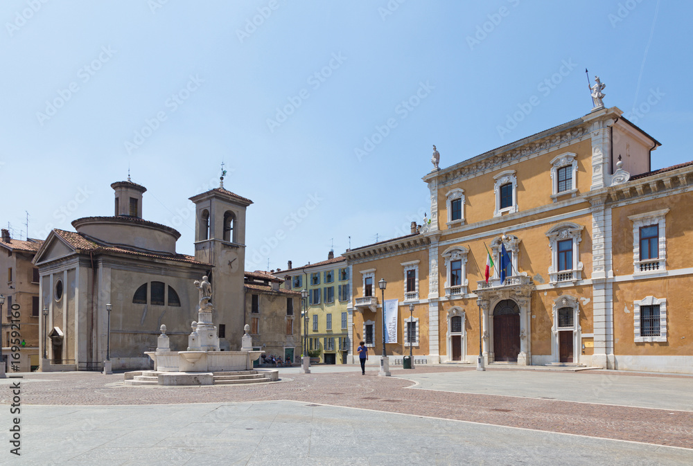 BRESCIA, ITALY - MAY 22, 2016: The Piazza del Mercato square and University of Brescia.