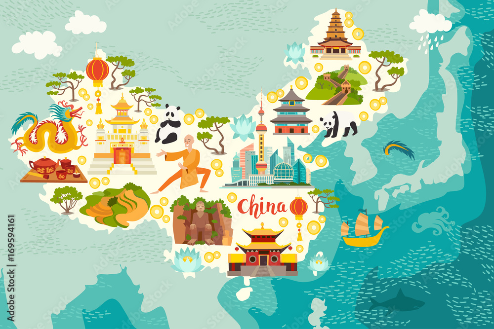 Illustrated map of China. Vector illustration for kid and children. Chinese travel landmarks. Asian abstract map