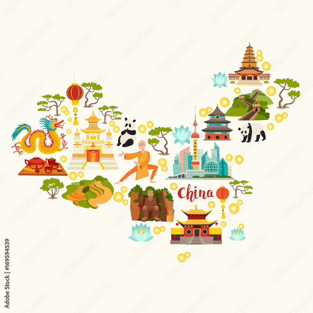 Map of China Vector Illustration, Design Element. Icons with Chinese  Landmarks Ilustração do Vetor - Ilustração de turismo, jogo: 145209926