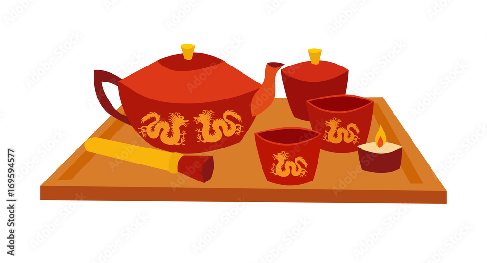 Tea Ritual Cartoon Tea teremony tool vector card. Traditional chinese teapot and cups ...