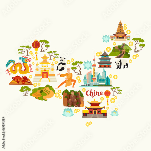 Canvas Print China landmarks, map silhouette